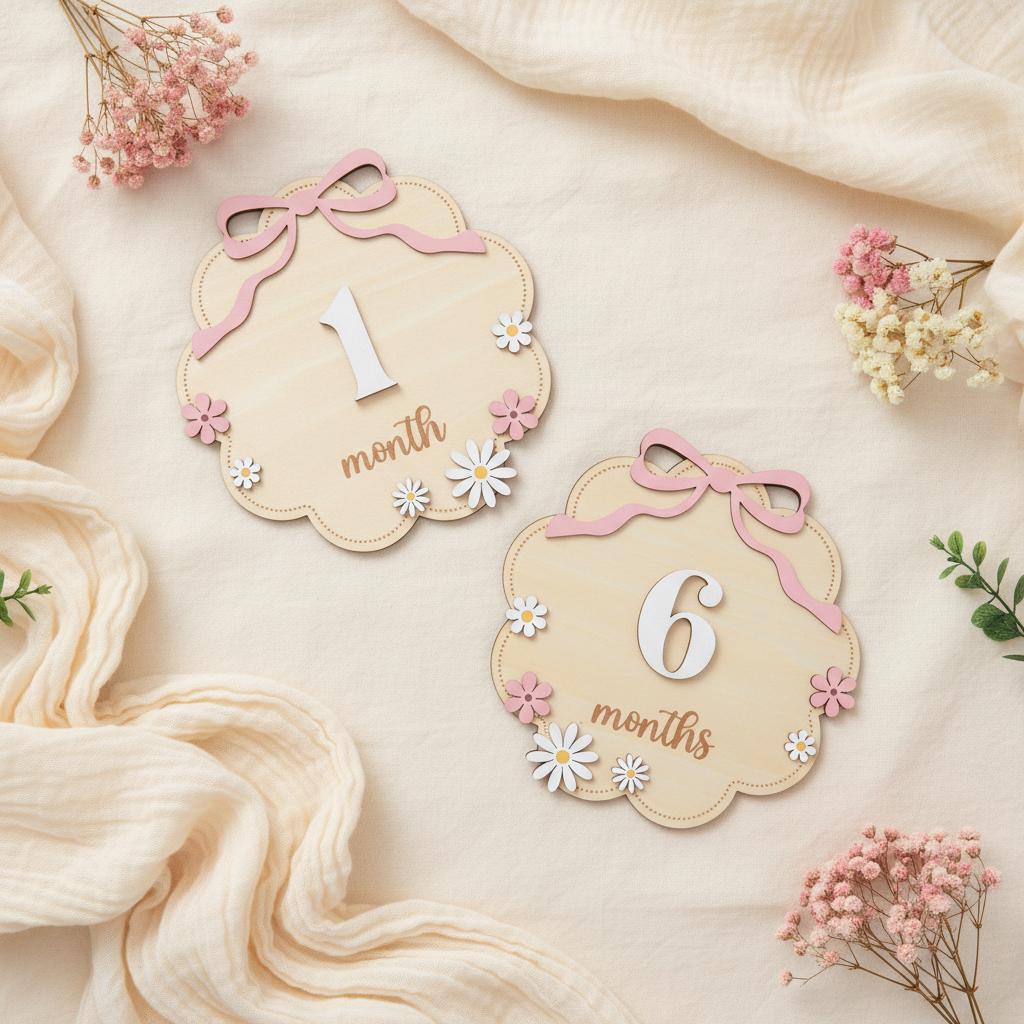 Floral Wooden Baby Milestone Sign with Numbers 1–12 Months