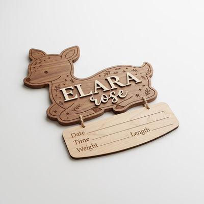Woodland Deer Birth Stats Sign | Hanging Nameplate Wooden Newborn Plaque | Custom Baby Fawn Announcement | Forest Nursery Decor