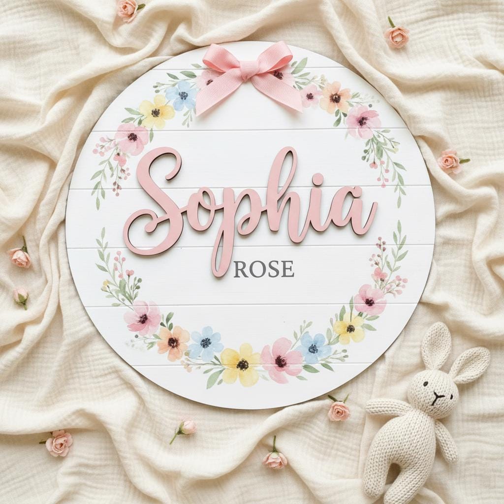 Personalized Baby Name Wood Sign, Floral Nursery Wall Decor