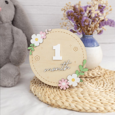 Wooden Baby Milestone Sign, Floral Monthly Milestone Card, Newborn Photo Prop,Baby Shower Gift For Girl,3D Monthly Milestone Discs,Baby Sign