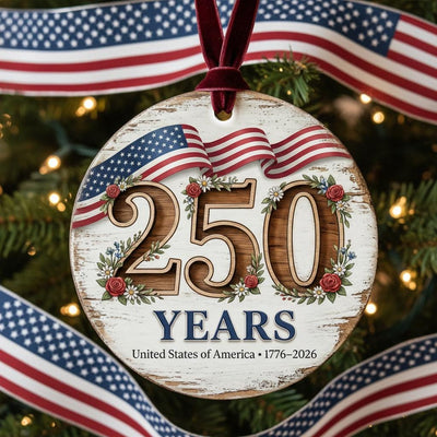 USA 250 Years Ornament, 250th Anniversary Floral Gift, 1776-2026 Semiquincentennial Decor, Rustic Farmhouse America Keepsake