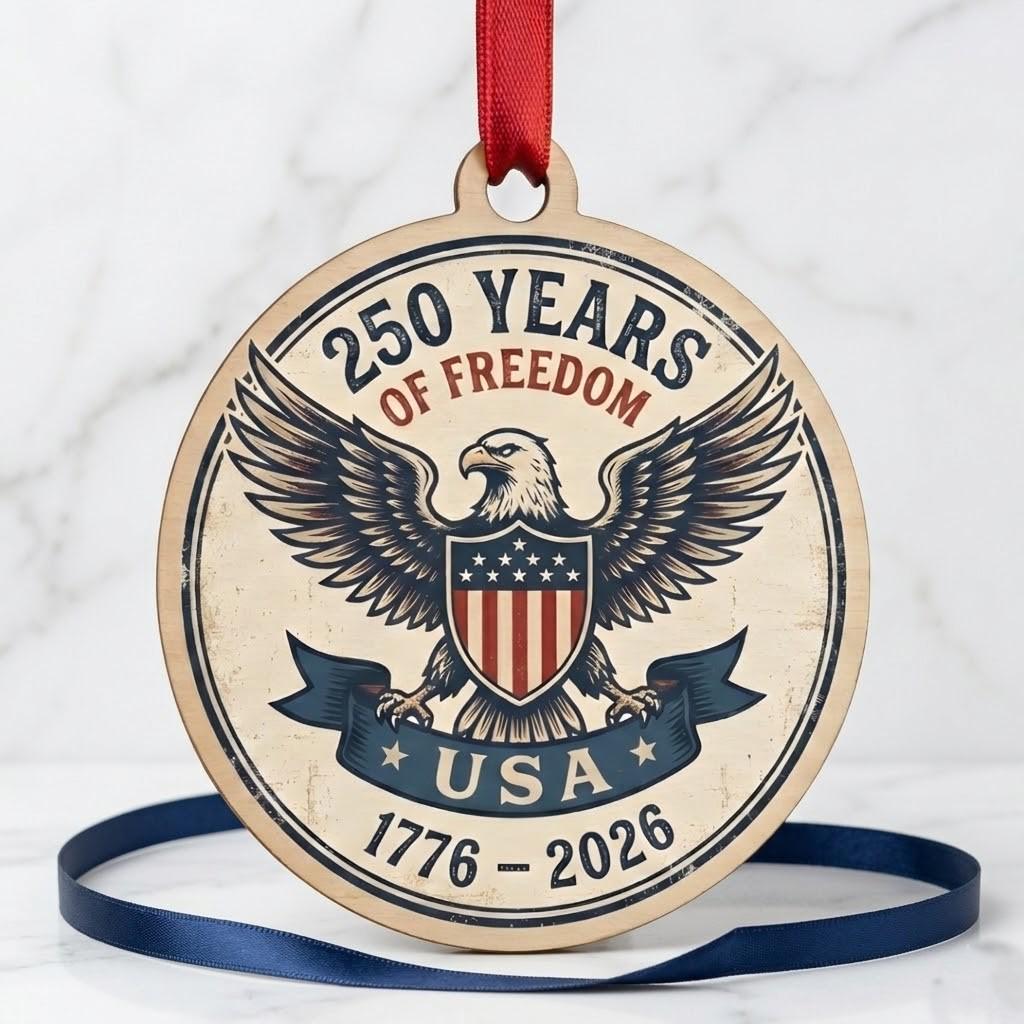 USA 250th Wood Ornament, Freedom For 250 Years, Rustic Eagle Emblem 1776-2026, Semiquincentennial Keepsake, Patriotic Gift