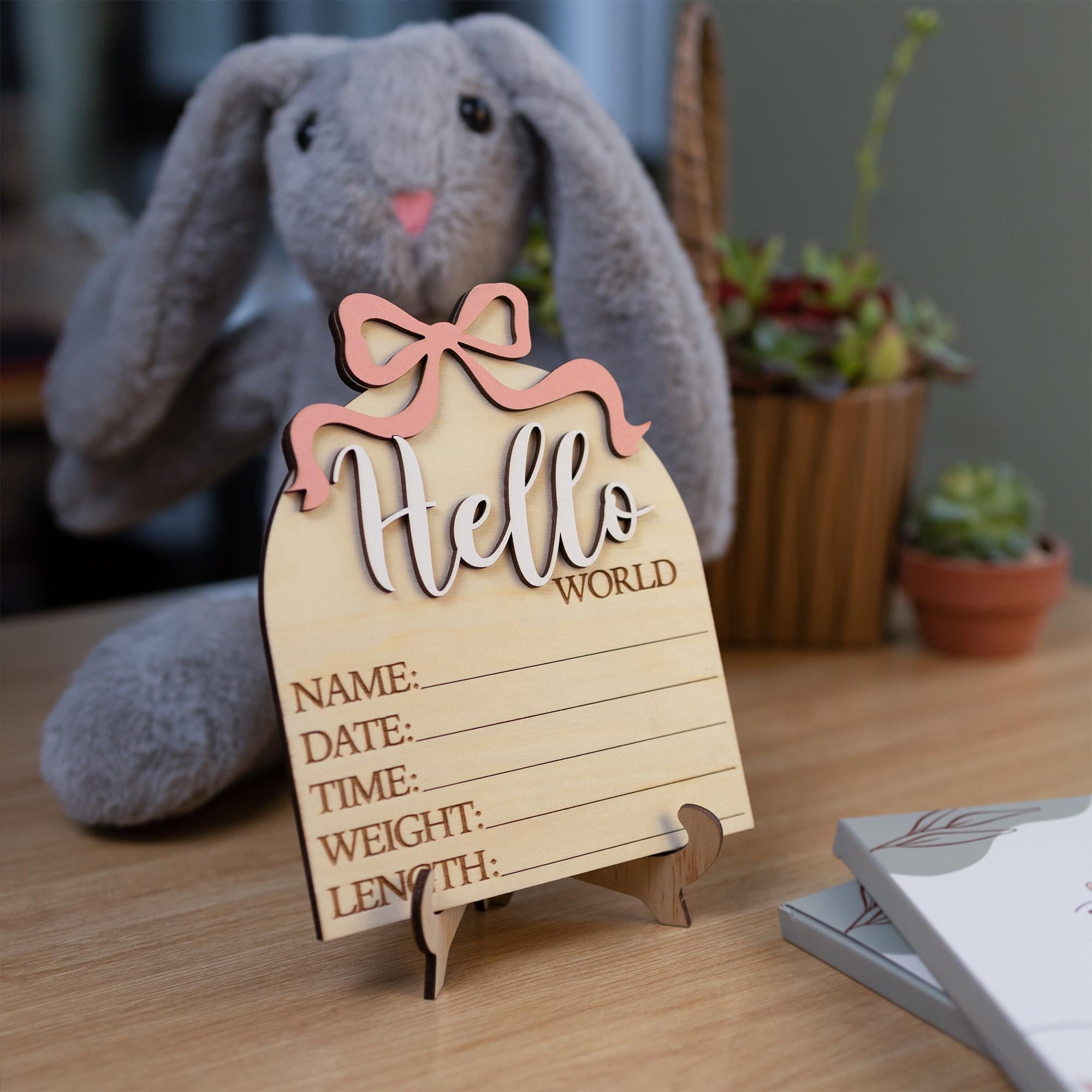 Hello World Sign With Pink Bow, Birth Stats Sign, Baby Girl Shower Gift Keepsake, Birth Announcement Sign, Baby Stats Announcement