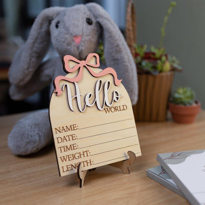 Hello World Sign With Pink Bow, Birth Stats Sign, Baby Girl Shower Gift Keepsake, Birth Announcement Sign, Baby Stats Announcement