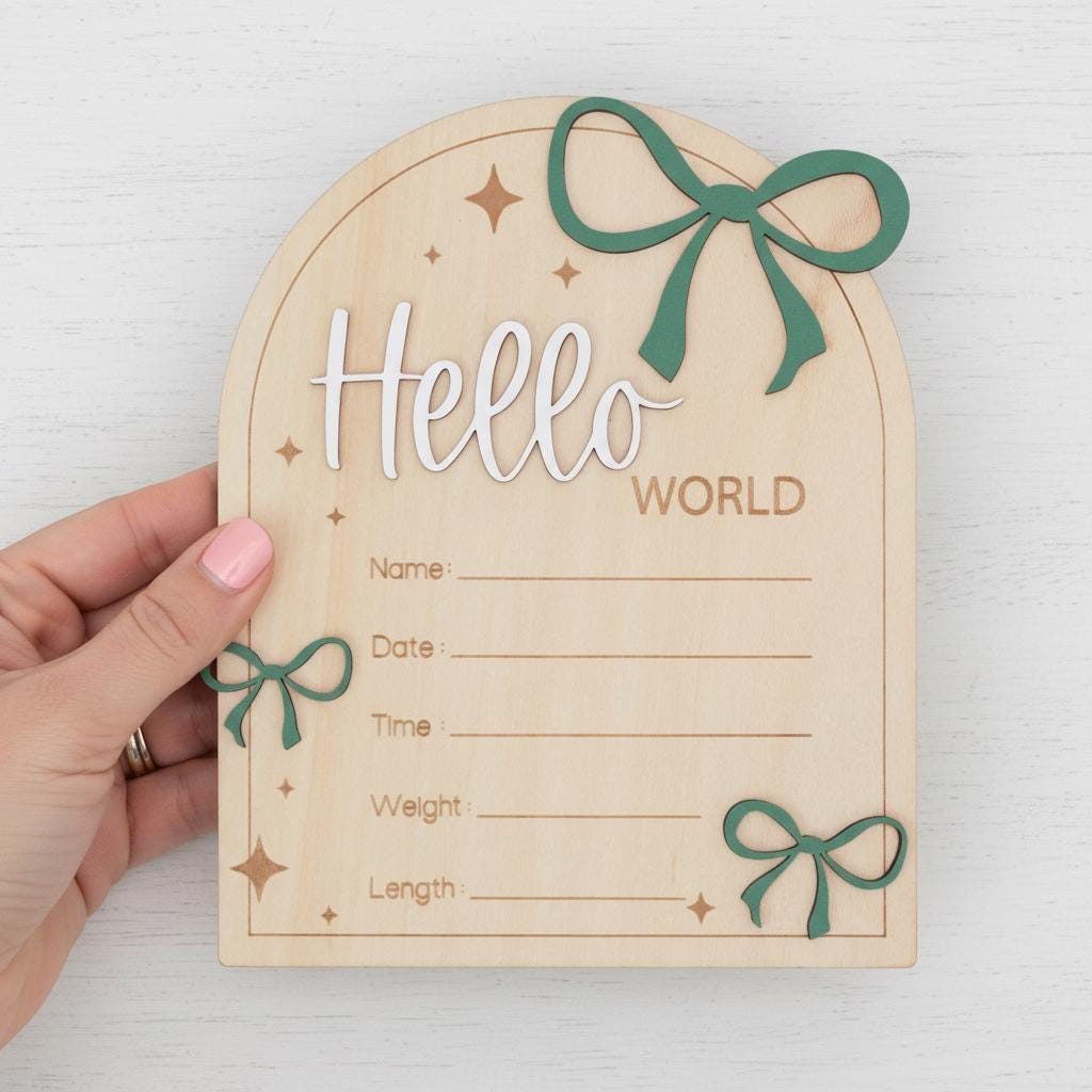 Hello World Wooden Baby Birth Announcement Sign with Name and Stats
