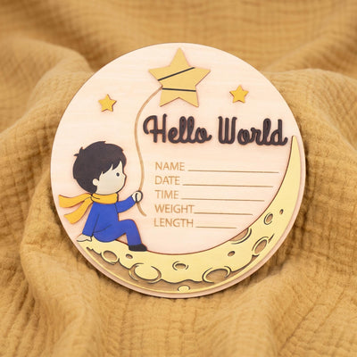 Little Prince Birth Stats Sign | 3D Moon and Stars Wooden Plaque | Hello World Newborn Announcement | Storybook Photo Prop | Baby Boy Gift