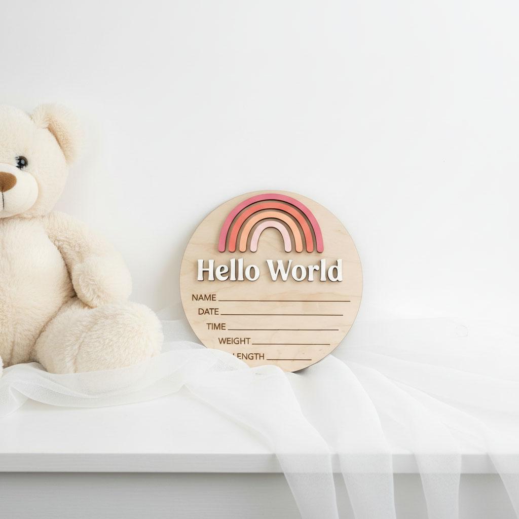 Boho Rainbow Birth Stats Sign | Rainbow Baby Wooden Plaque | 3D Acrylic Hello World Announcement | Floral Girl Nursery Decor