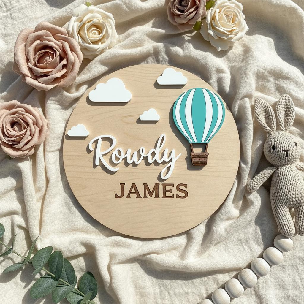 Personalized Hot Air Balloon Baby Name Sign Wooden Nursery Decor