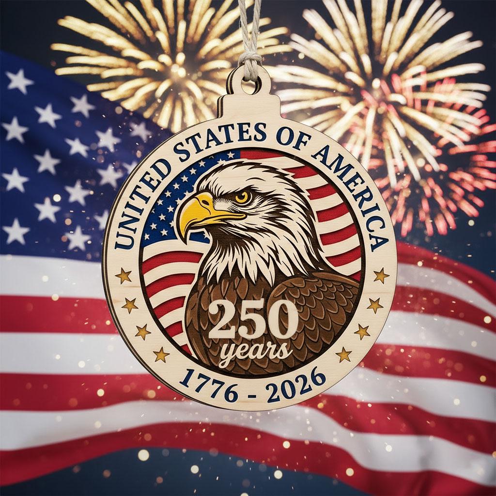 USA 250 Years Wood Ornament, Layered Eagle Patriotic Gift, 1776-2026 Anniversary Decor, Handmade Wooden Semiquincentennial Gift