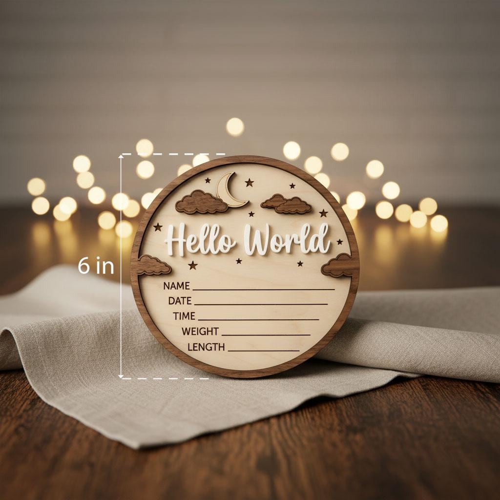 3D Moon Stars Birth Stats Sign | Walnut Frame Wood Baby Plaque | Acrylic Hello World Announcement | Neutral Nursery Decor