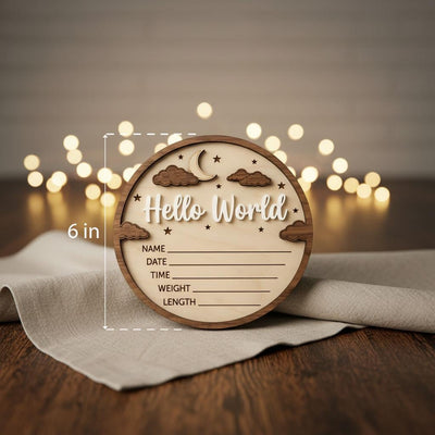 3D Moon Stars Birth Stats Sign | Walnut Frame Wood Baby Plaque | Acrylic Hello World Announcement | Neutral Nursery Decor