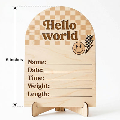 Retro Groovy Birth Stats Sign | Checkerboard Arch Wooden Newborn Plaque | Custom Smiley Baby Announcement | Neutral Nursery Prop