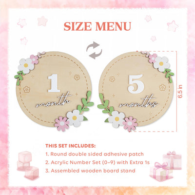 Wooden Baby Milestone Sign, Floral Monthly Milestone Card, Newborn Photo Prop,Baby Shower Gift For Girl,3D Monthly Milestone Discs,Baby Sign