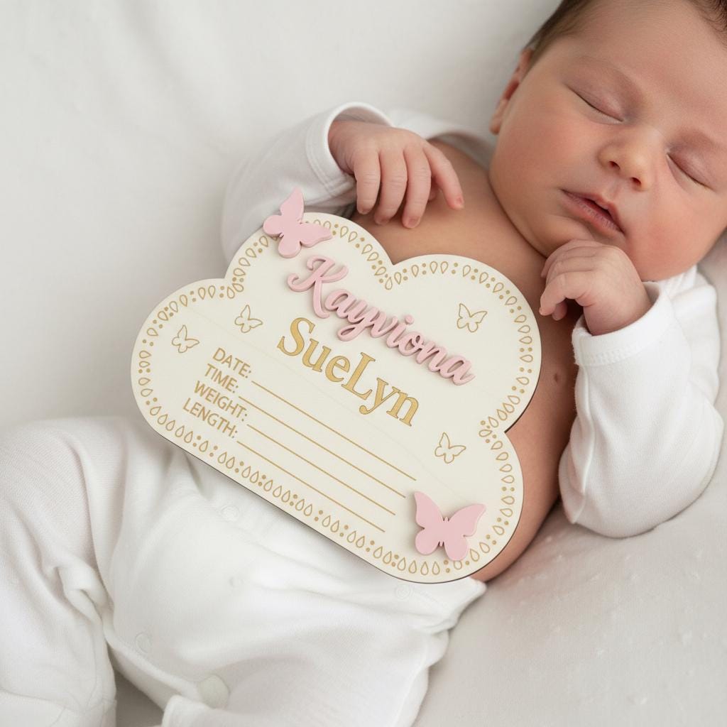 Personalized Wooden Baby Birth Announcement Sign, Cloud Nursery Name Plaque