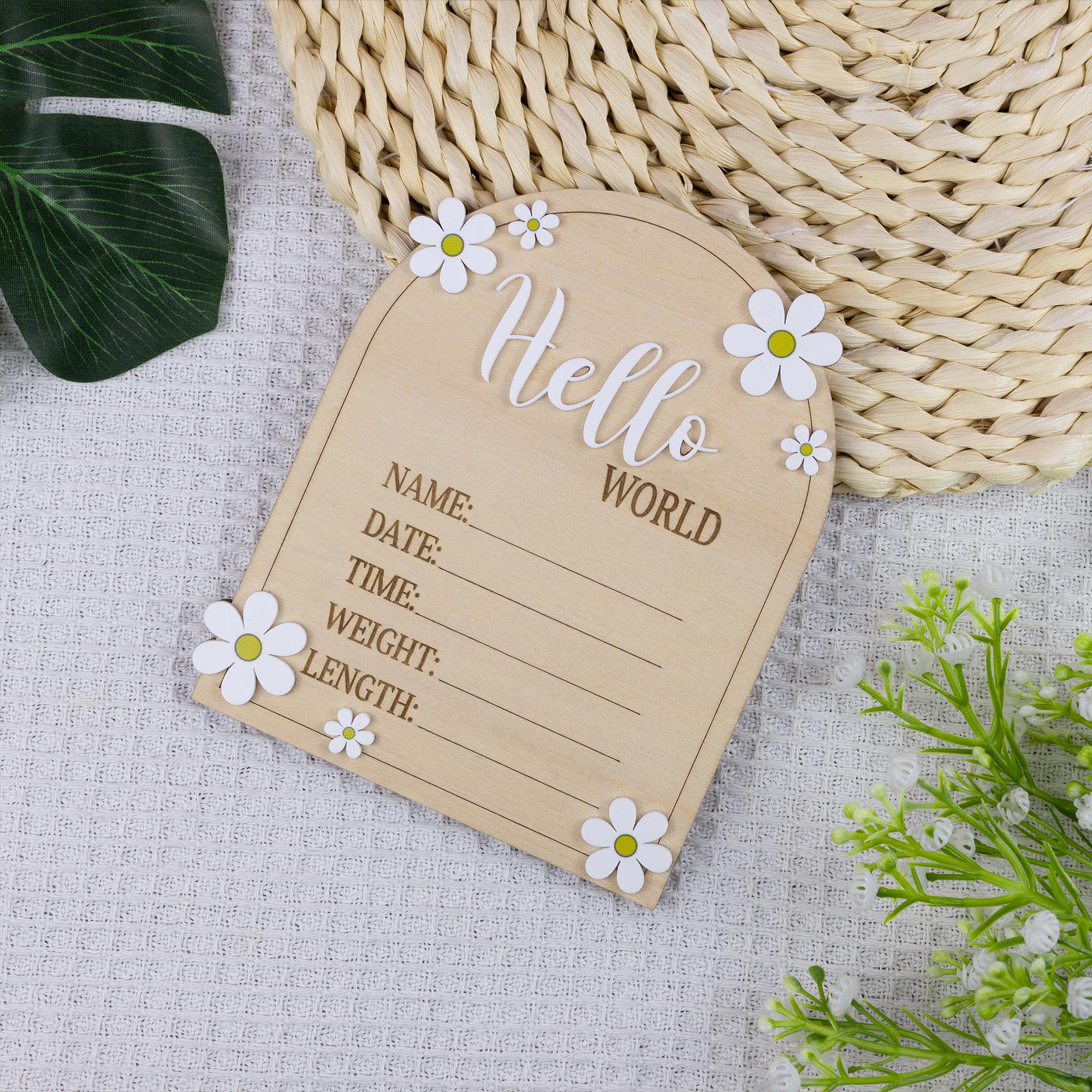 Daisy Flower Hello World Sign, Baby Birth Announcement, Arched Wooden Birth Announcement, Personalized Name Sign, Baby Birth Name