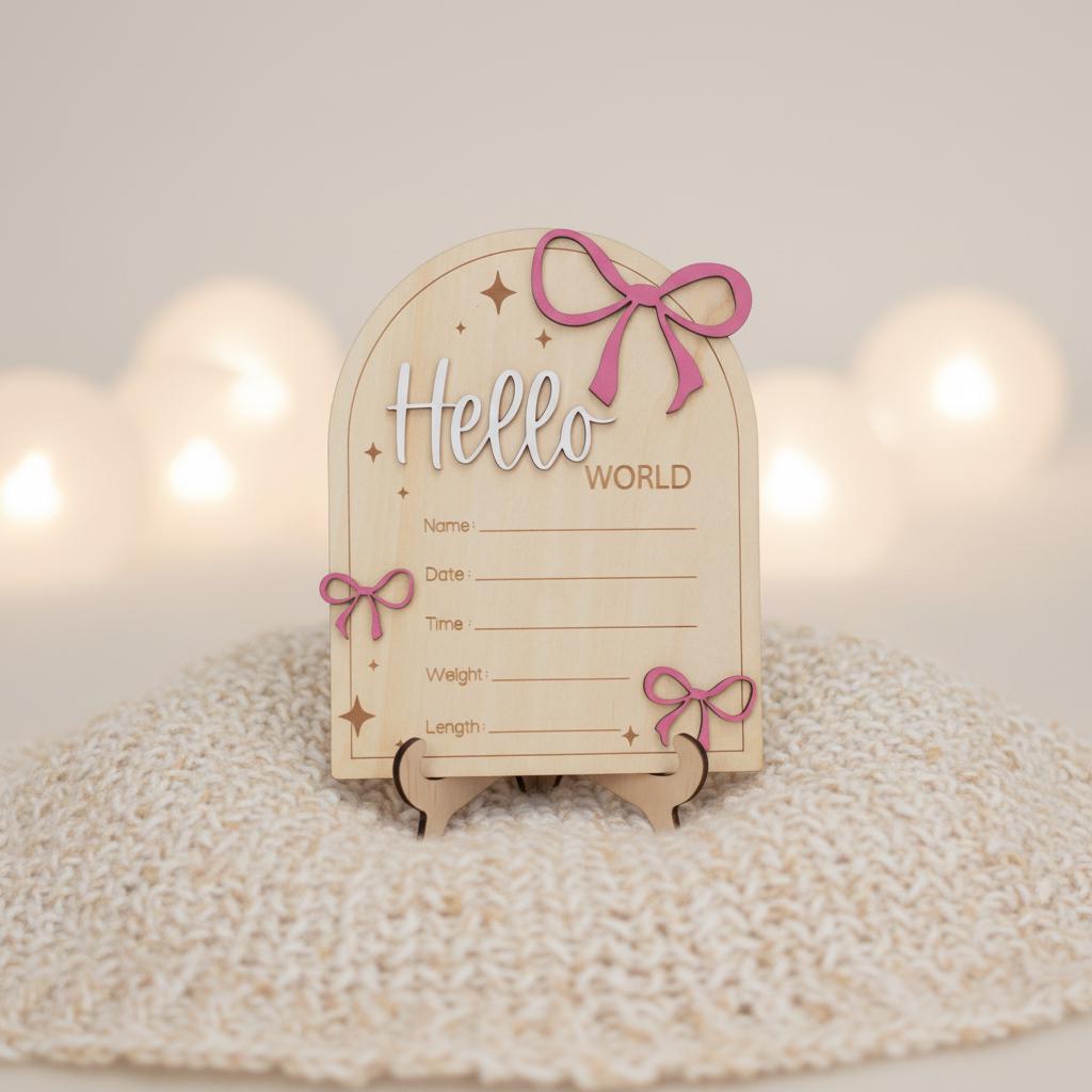 Hello World Wooden Baby Announcement Sign with Birth Details