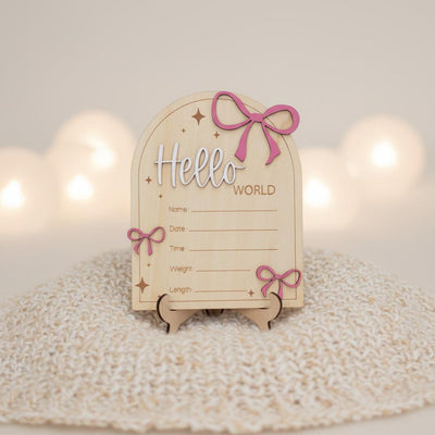 Hello World Wooden Baby Announcement Sign with Birth Details