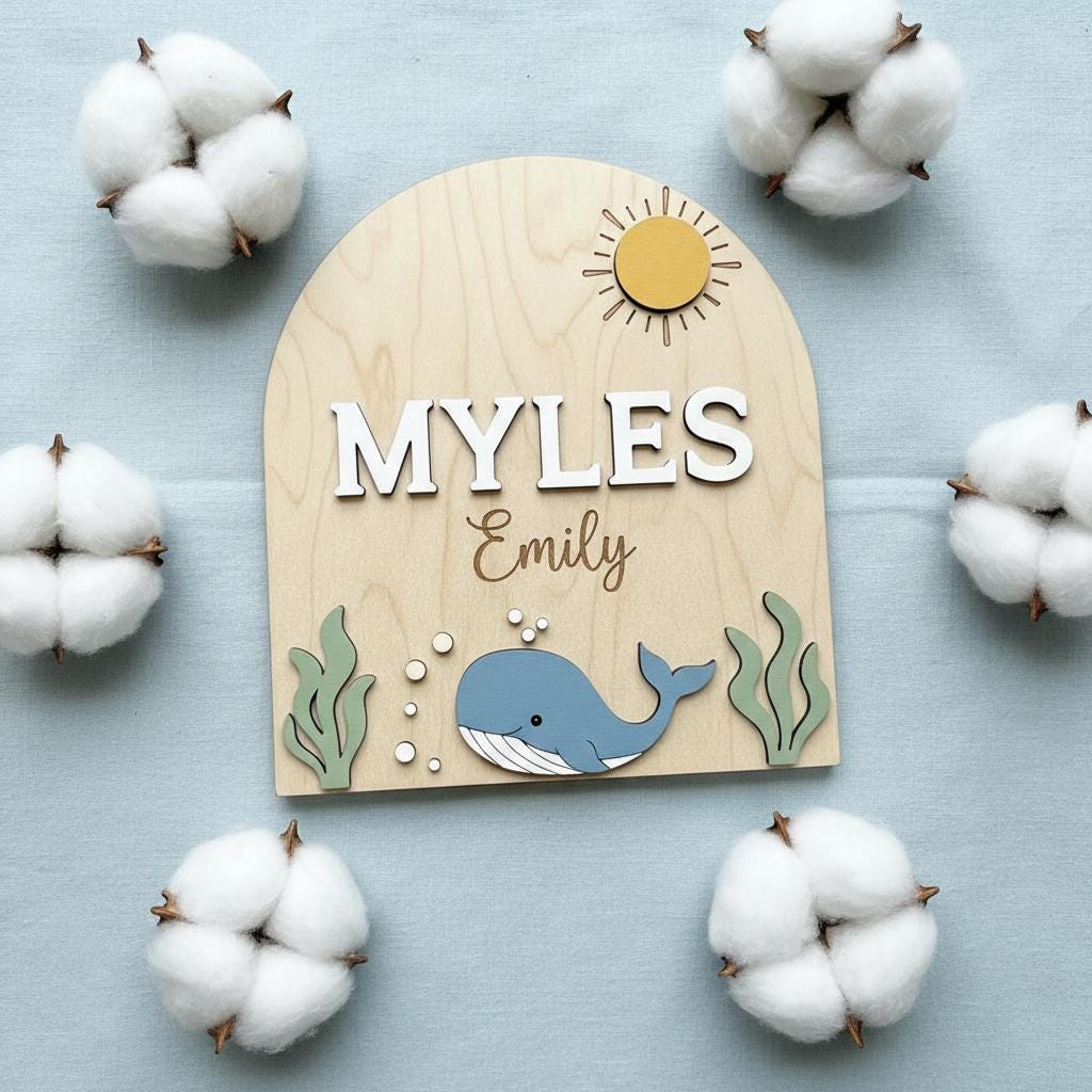Personalized Baby Name Sign, Whale Nursery Decor, Custom Baby Name Plaque Wood, Ocean Theme Nursery Wall Sign