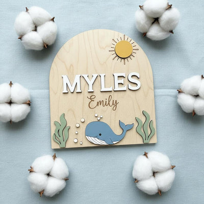 Personalized Baby Name Sign, Whale Nursery Decor, Custom Baby Name Plaque Wood, Ocean Theme Nursery Wall Sign