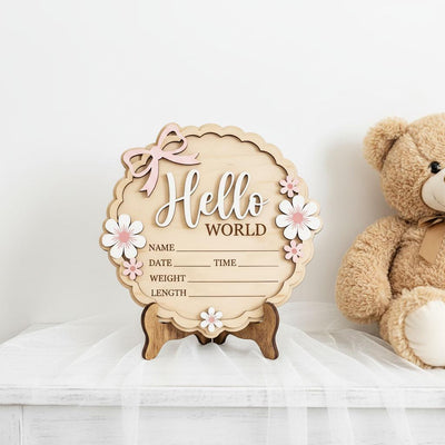 Coquette Pink Bow Birth Sign | 3D Daisy Scalloped Plaque | Acrylic Hello World Announcement | Shabby Chic Girl Nursery Prop