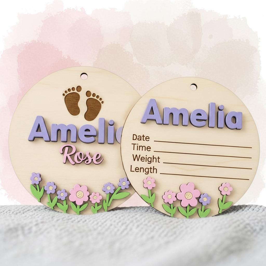 Baby Birth Stats Sign Set, Personalized Baby Name Announcement Sign, Wooden Newborn Photo Prop Nursery Decor