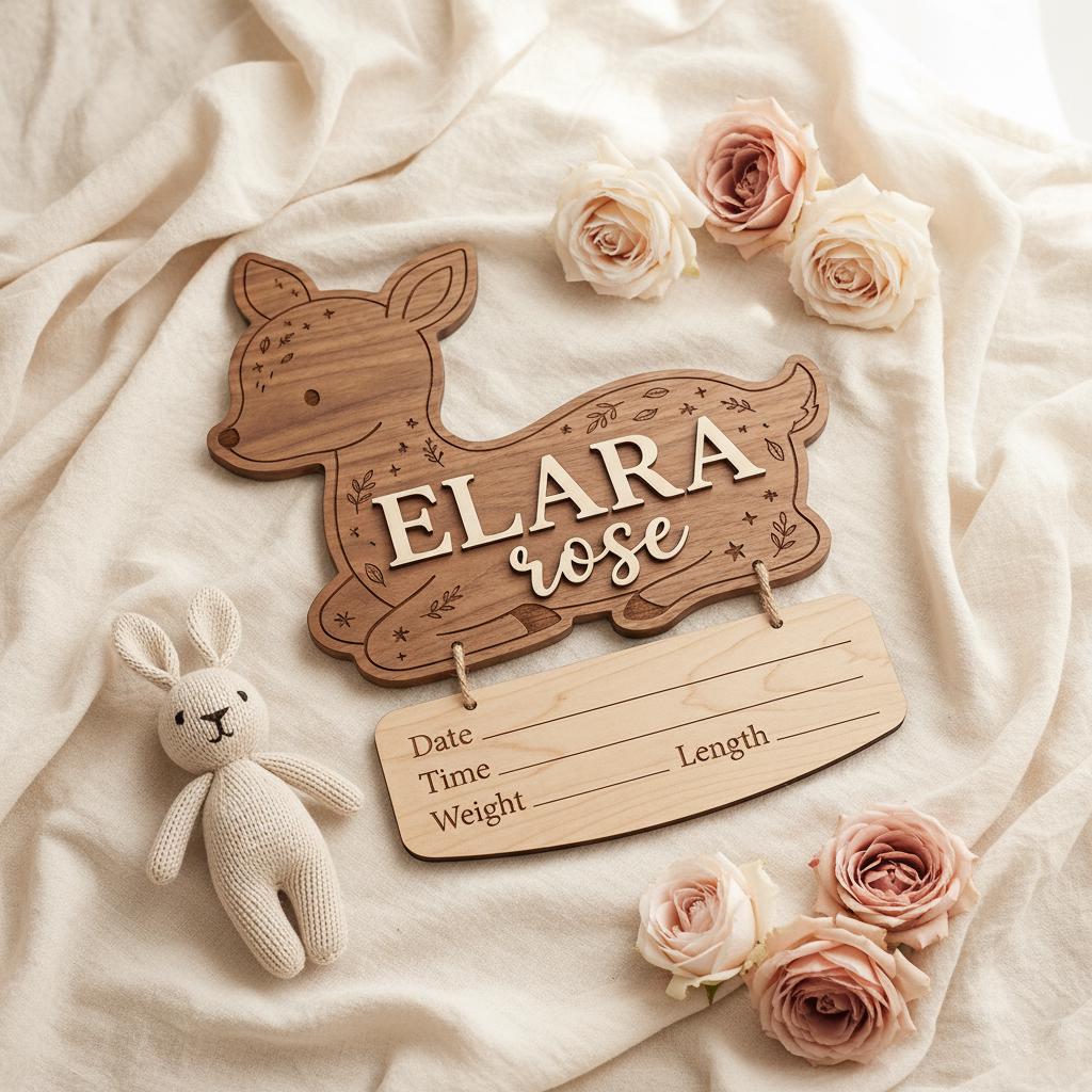 Woodland Deer Birth Stats Sign | Hanging Nameplate Wooden Newborn Plaque | Custom Baby Fawn Announcement | Forest Nursery Decor