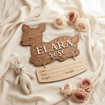 Woodland Deer Birth Stats Sign | Hanging Nameplate Wooden Newborn Plaque | Custom Baby Fawn Announcement | Forest Nursery Decor