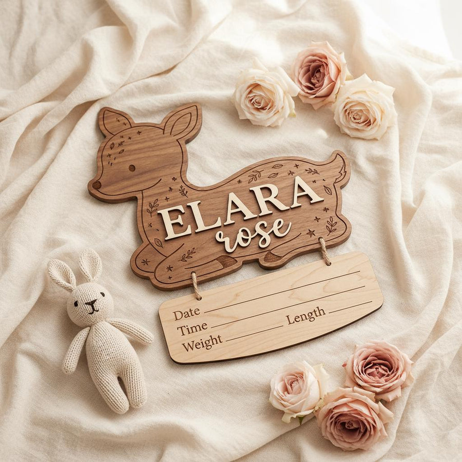 Woodland Deer Birth Stats Sign | Hanging Nameplate Wooden Newborn Plaque | Custom Baby Fawn Announcement | Forest Nursery Decor