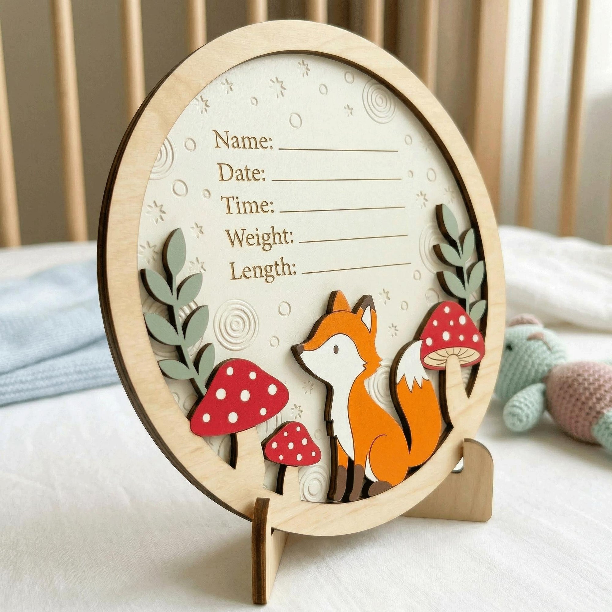 Woodland Fox Birth Stats Sign | Mushroom 3D Wooden Newborn Plaque | Custom Forest Baby Announcement | Neutral Nursery Decor