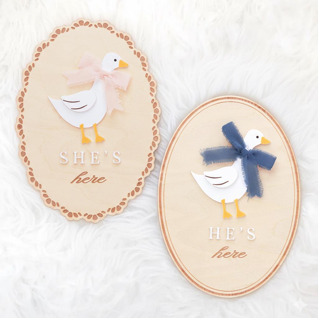 He’s Here She’s Here Wooden Baby Announcement Signs