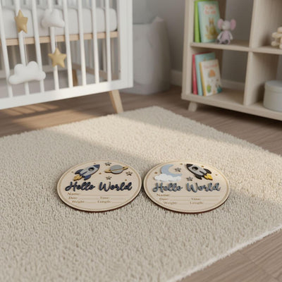 Blue Rocket Birth Stats Sign for Hospital | Round Wooden Newborn Name Plaque | Custom Baby Boy Announcement | Space Nursery Decor