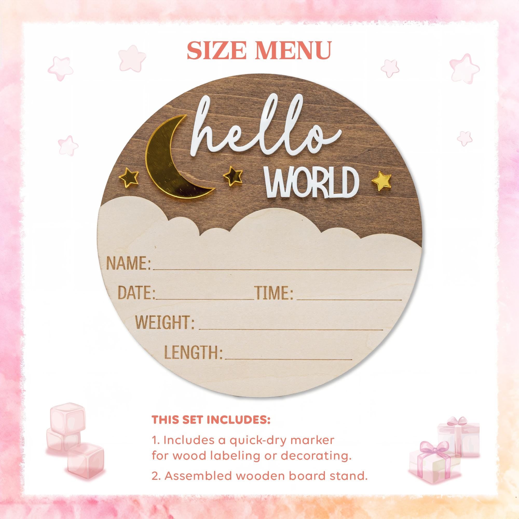 Personalized Hello World Sign, Wooden Birth Announcement Sign, Moon & Stars Baby Name Reveal, Baby Birth Stats Sign, Nursery Space Theme