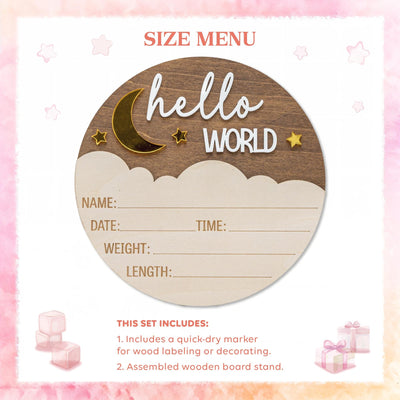 Personalized Hello World Sign, Wooden Birth Announcement Sign, Moon & Stars Baby Name Reveal, Baby Birth Stats Sign, Nursery Space Theme