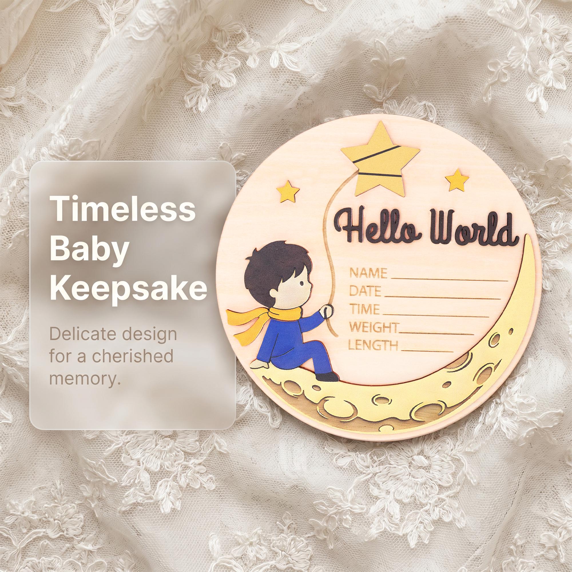 Little Prince Birth Stats Sign | 3D Moon and Stars Wooden Plaque | Hello World Newborn Announcement | Storybook Photo Prop | Baby Boy Gift