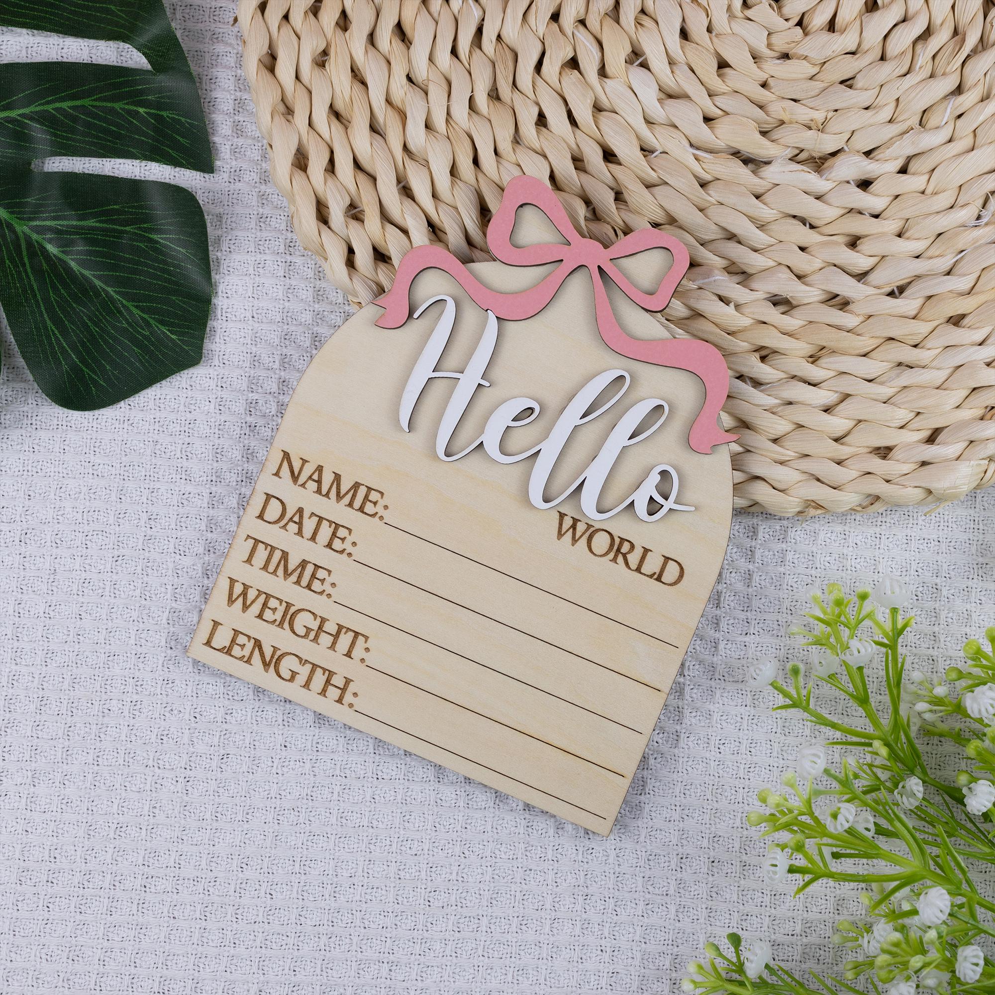 Hello World Sign With Pink Bow, Birth Stats Sign, Baby Girl Shower Gift Keepsake, Birth Announcement Sign, Baby Stats Announcement