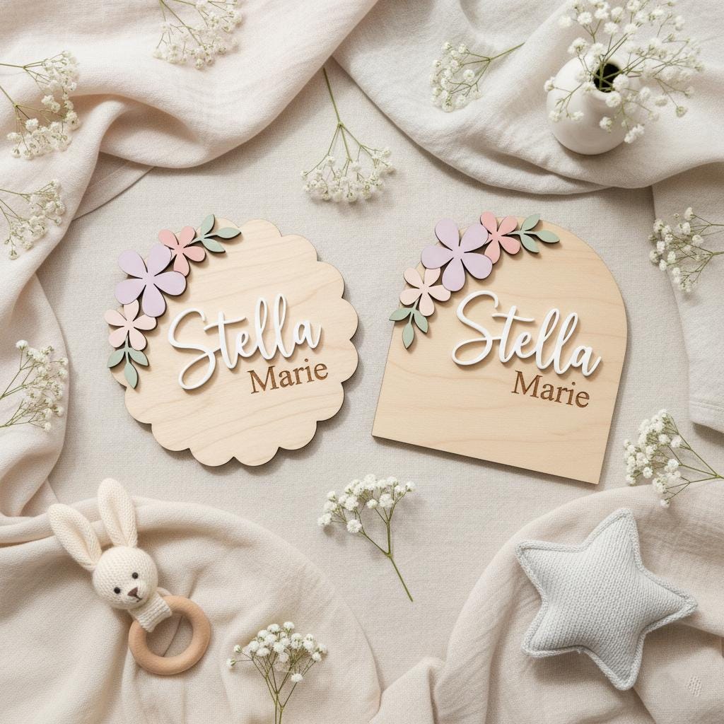Pastel Floral Birth Stats Sign | Multi Style Arch or Scallop Wooden Plaque | 3D Name Baby Girl Announcement | Nursery Photo Prop