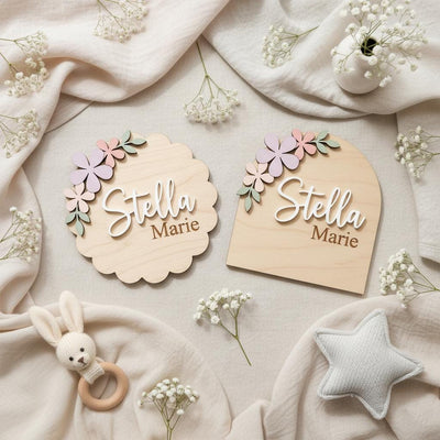 Pastel Floral Birth Stats Sign | Multi Style Arch or Scallop Wooden Plaque | 3D Name Baby Girl Announcement | Nursery Photo Prop