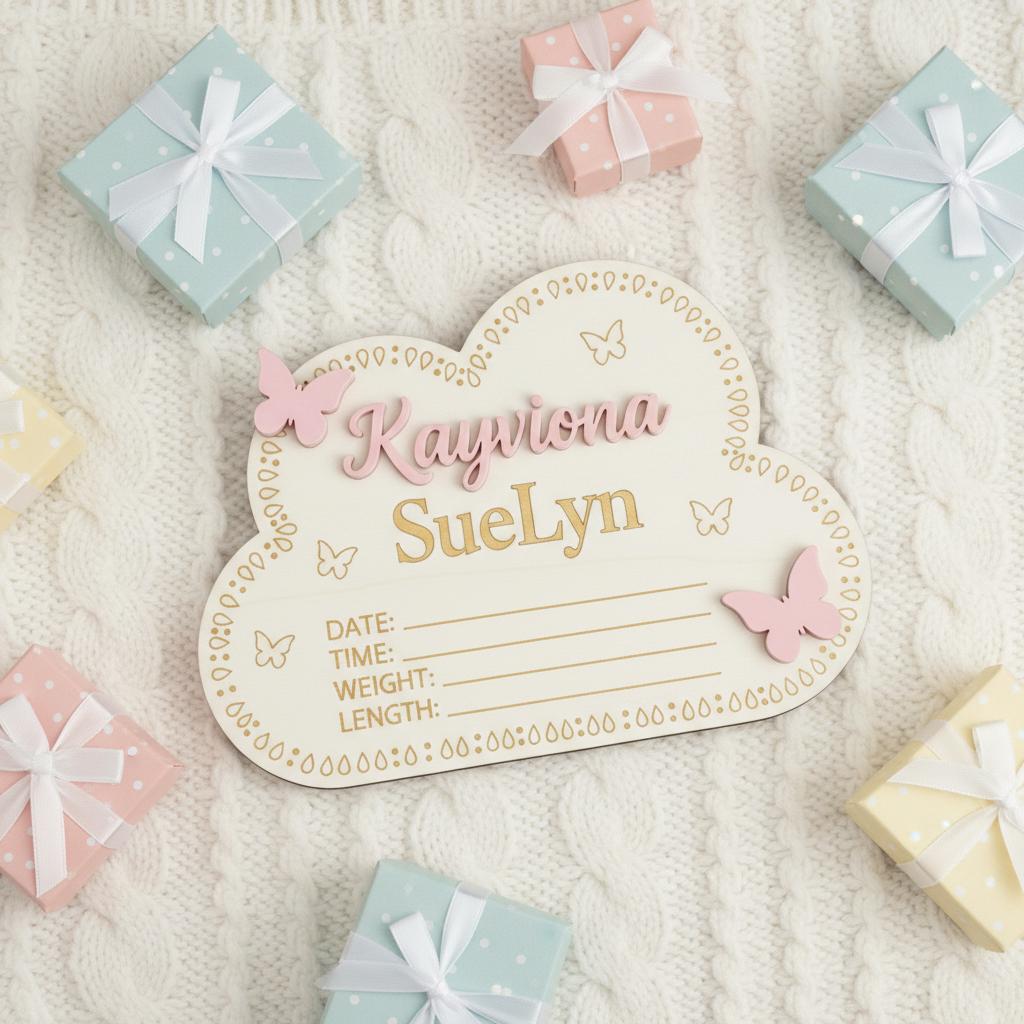 Personalized Wooden Baby Birth Announcement Sign, Cloud Nursery Name Plaque