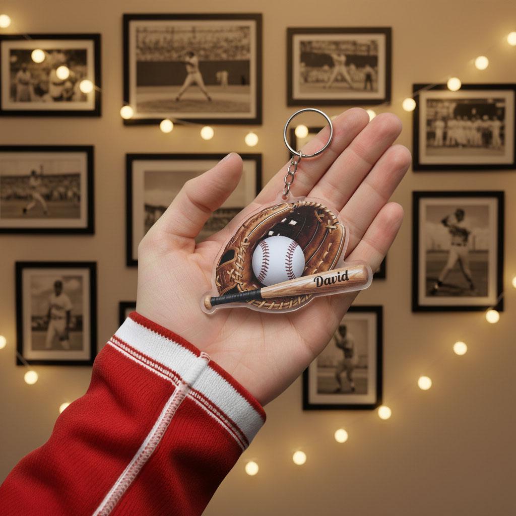 Personalized Baseball Keychain Custom Name, Baseball Glove Bat Keychain, Acrylic Baseball Player Gift, Little League Gift