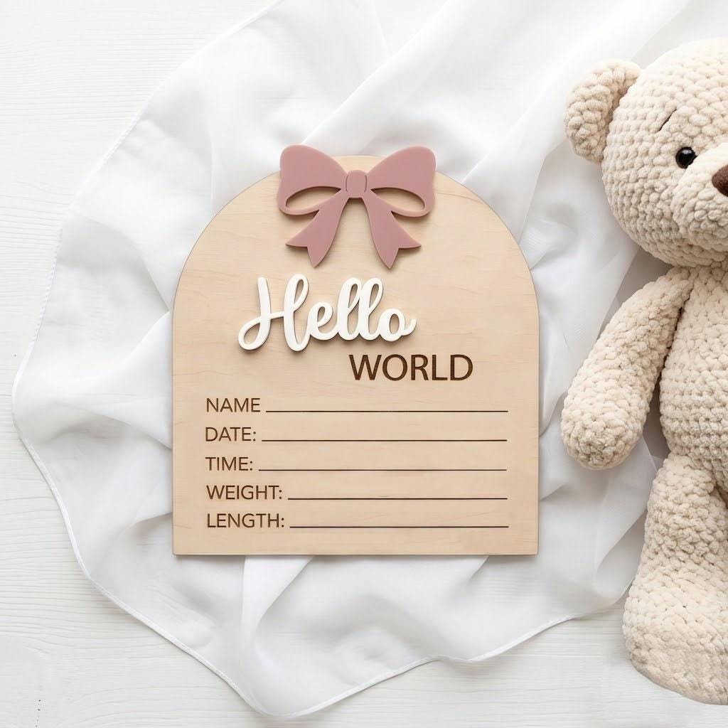 Coquette Pink Bow Birth Sign | 3D Arch Wooden Plaque | Acrylic Hello World Announcement | Whimsical Girl Nursery Prop | Baby Shower Gift