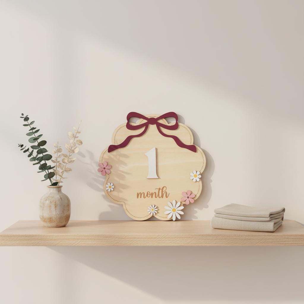 Wooden Baby Milestone Numbers Sign 1–12 Months Floral Design