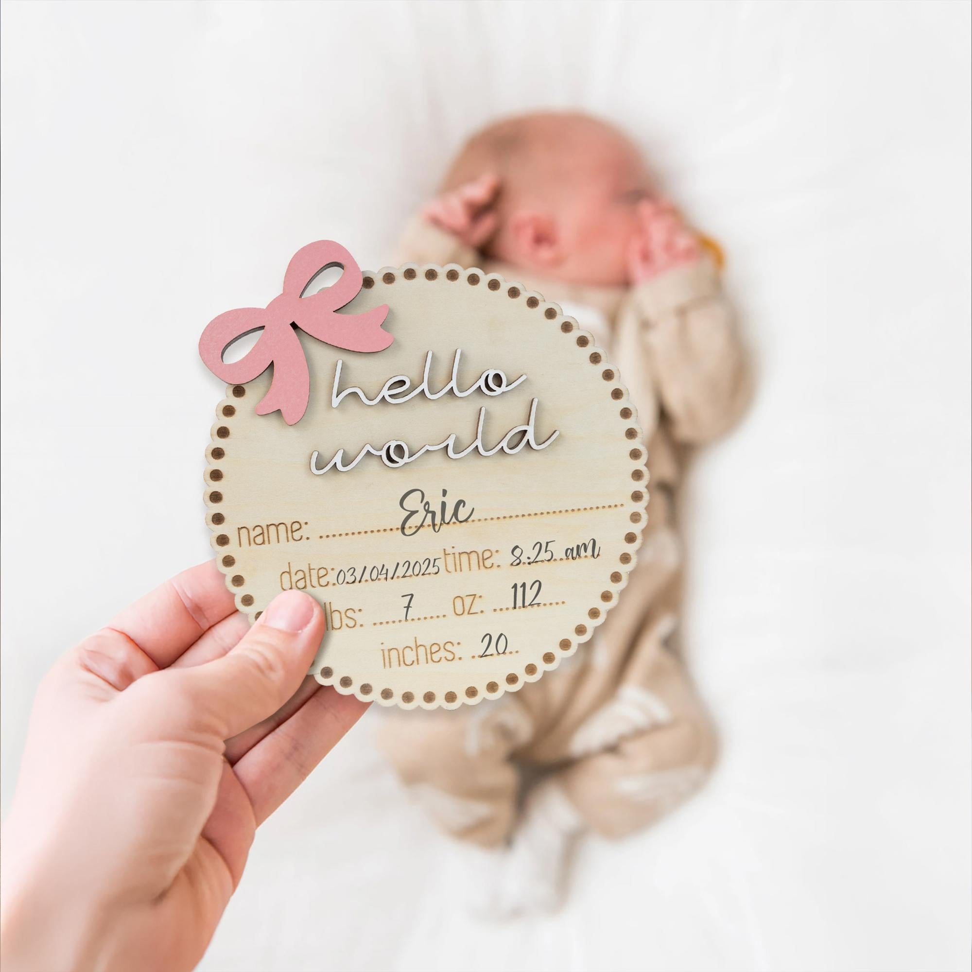 Hello World Sign, Bow Baby Announcement Sign With Birth Stats, Baby Girl Birth Announcement, Personalized Baby Name Sign, Baby Name Bow Sign