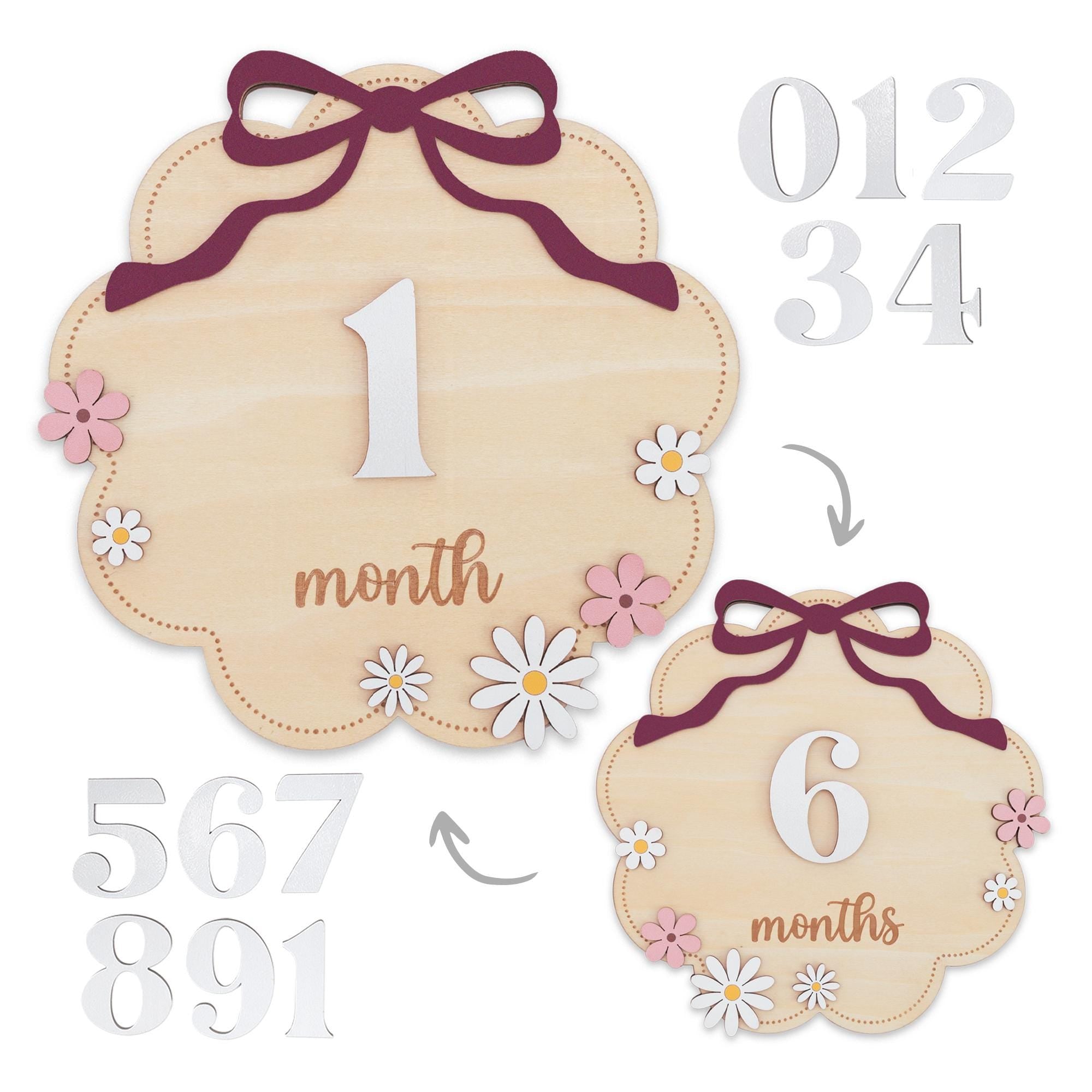 Wooden Baby Milestone Numbers Sign 1–12 Months Floral Design