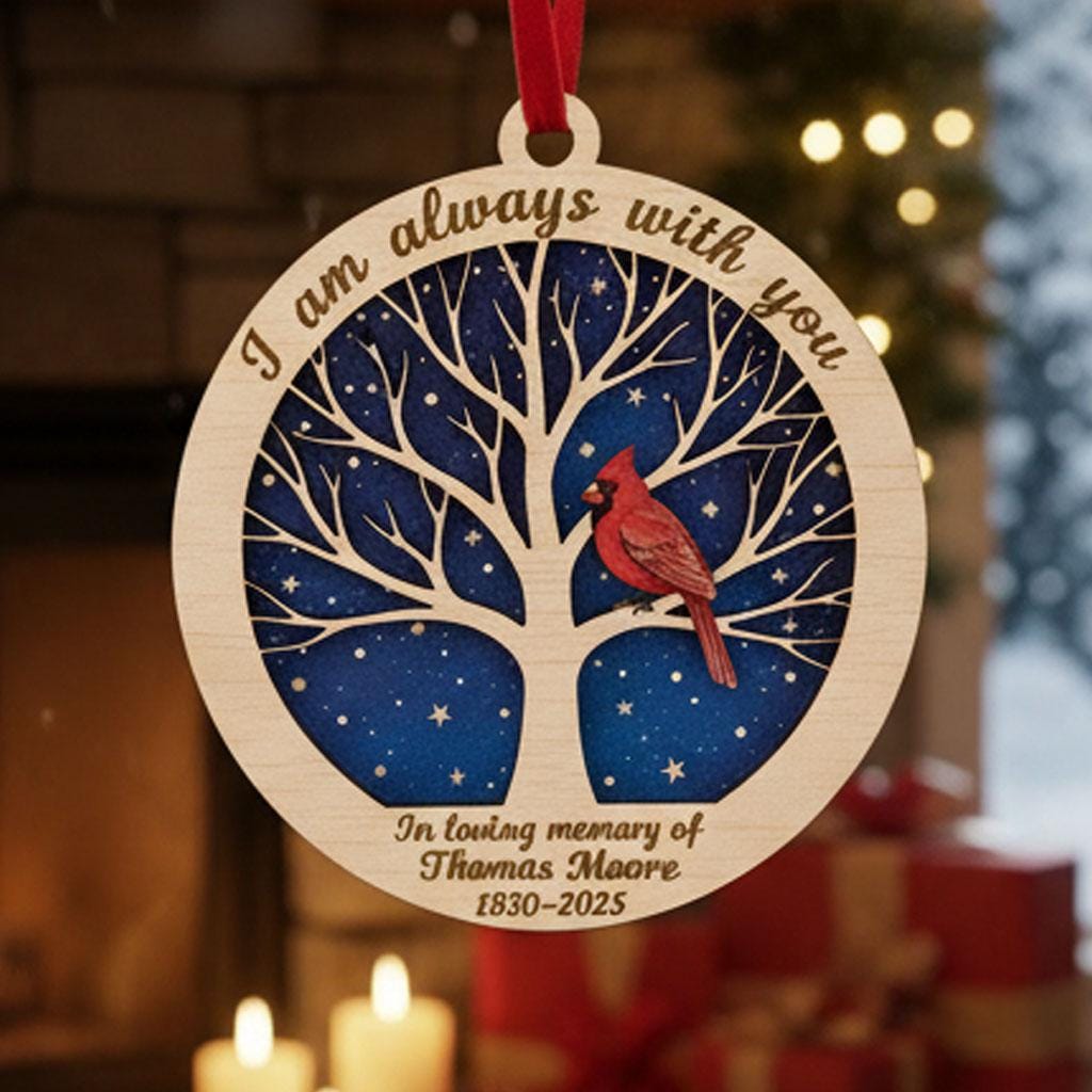 Personalized Memorial Christmas Ornament, Custom Wooden Ornament with Name and Years, Cardinal Remembrance Gift, Sympathy Keepsake, Ornament
