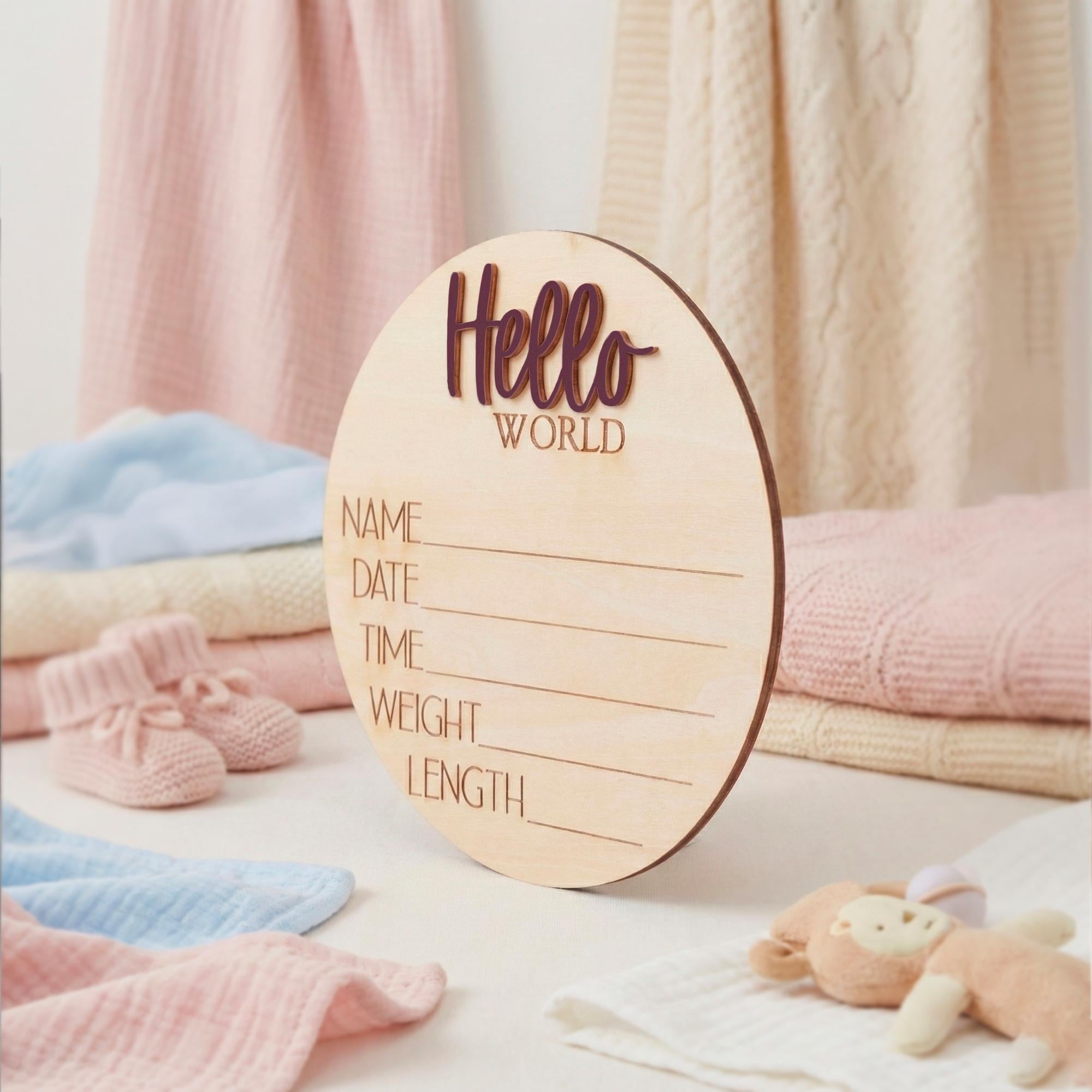 Hello World Newborn Hospital Sign Wooden Baby Photo Prop
