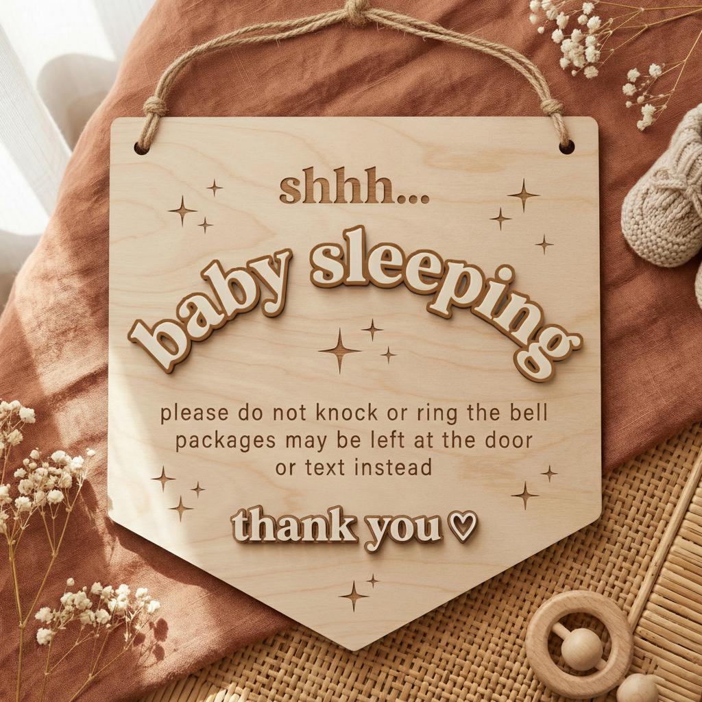 Baby Is Sleeping Delivery Sign | Shield Shape Wooden Door Hanger | 3D Wood Name Do Not Disturb | Front Porch Package Plaque
