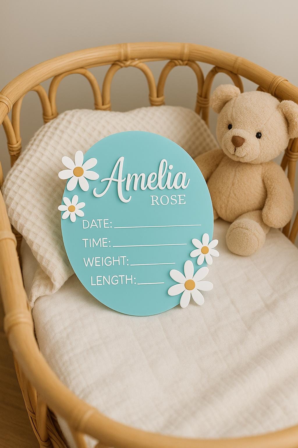 Acrylic Baby Announcement Sign: 3D Daisy, Pastel Pink or Mint