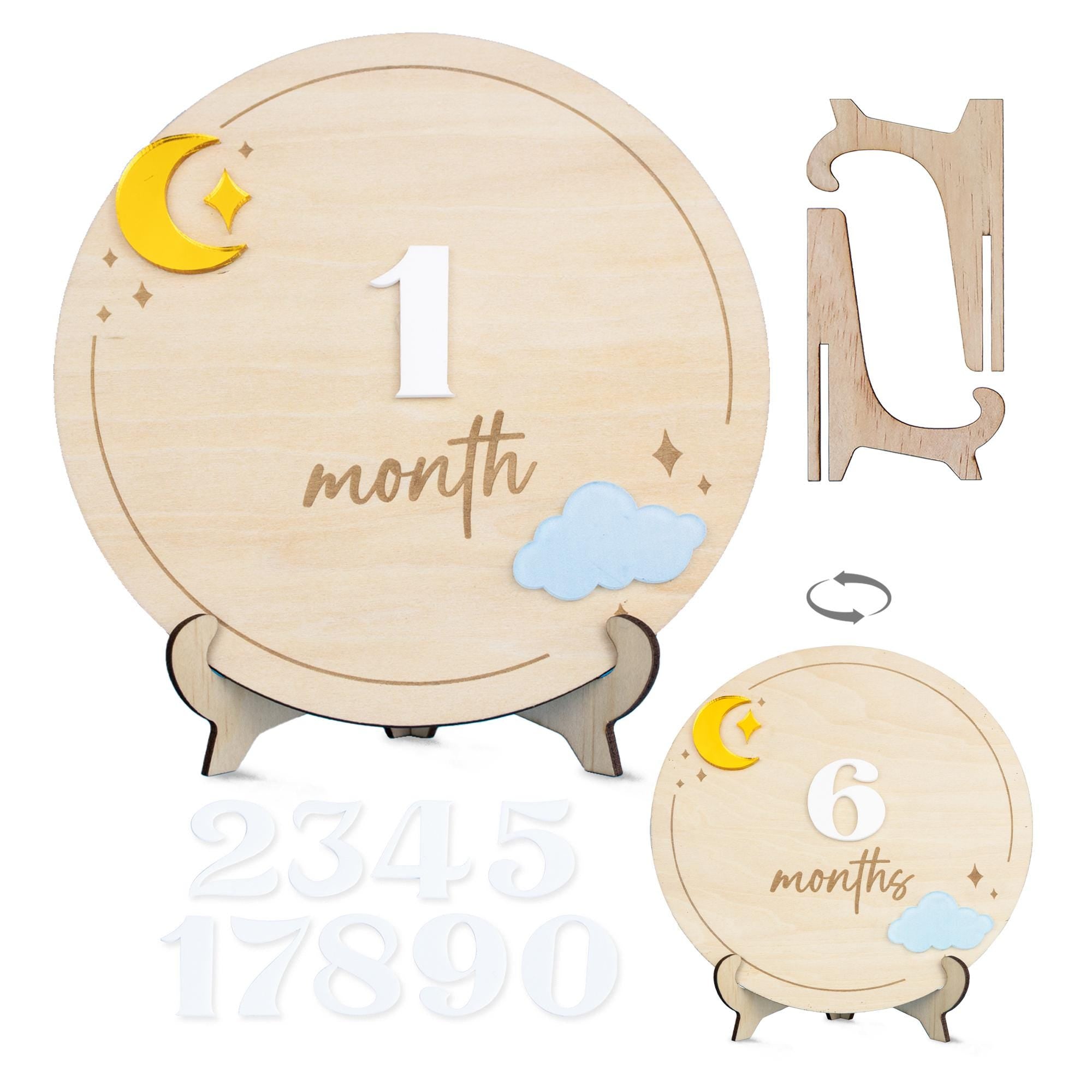 Wooden Baby Milestone Sign, Moon and Stars Monthly Marker Baby, Acrylic Cloud Baby Photo Prop,Newborn Keepsake,Interchangeable Milestone Set