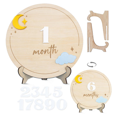 Wooden Baby Milestone Sign, Moon and Stars Monthly Marker Baby, Acrylic Cloud Baby Photo Prop,Newborn Keepsake,Interchangeable Milestone Set