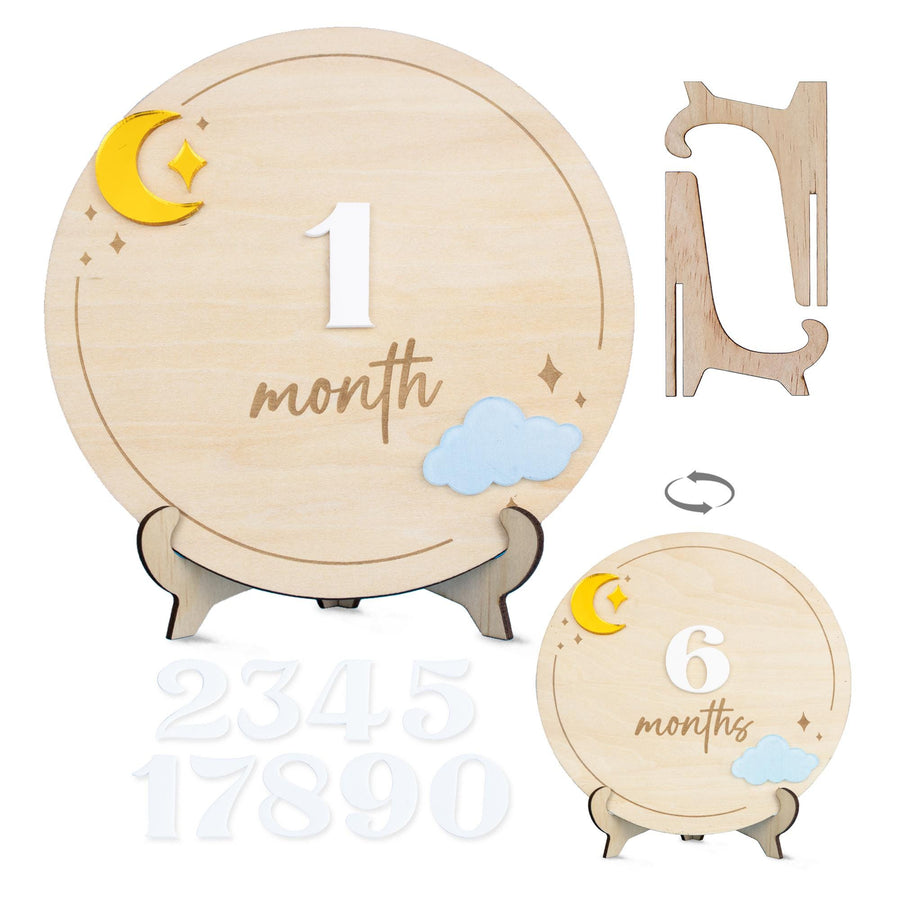 Wooden Baby Milestone Sign, Moon and Stars Monthly Marker Baby, Acrylic Cloud Baby Photo Prop,Newborn Keepsake,Interchangeable Milestone Set